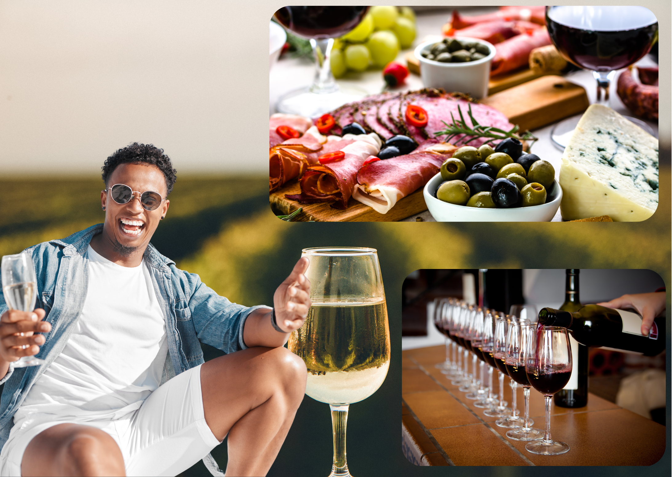 A vineyard background with meat and cheese boards and wine tastings