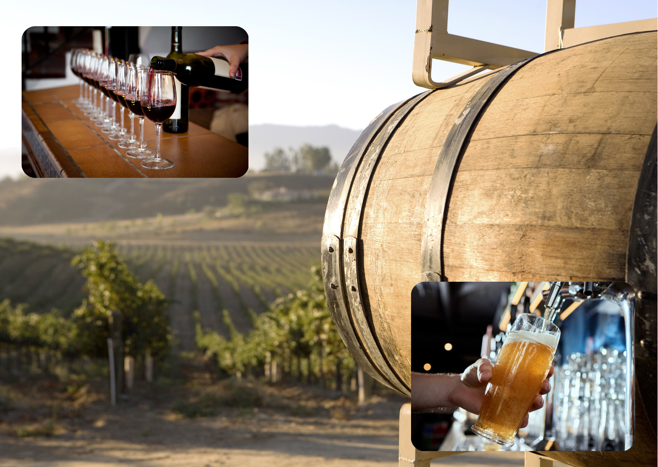 A big wine barrel overlooking a vineyard with images of wine and beer tastings around it