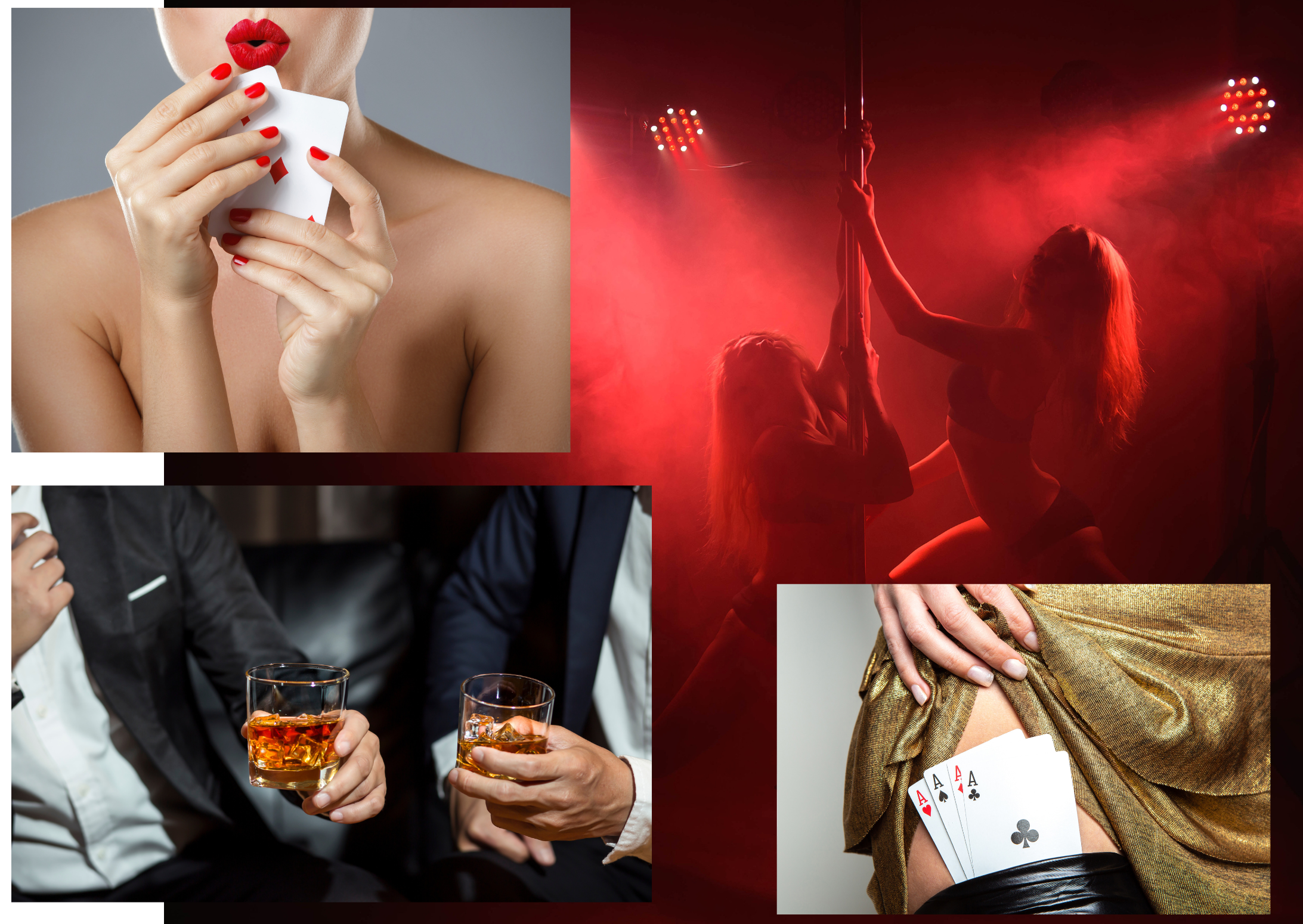 Two pole dancers in red lighting overlaid by poker, whiskey and sexy thighs