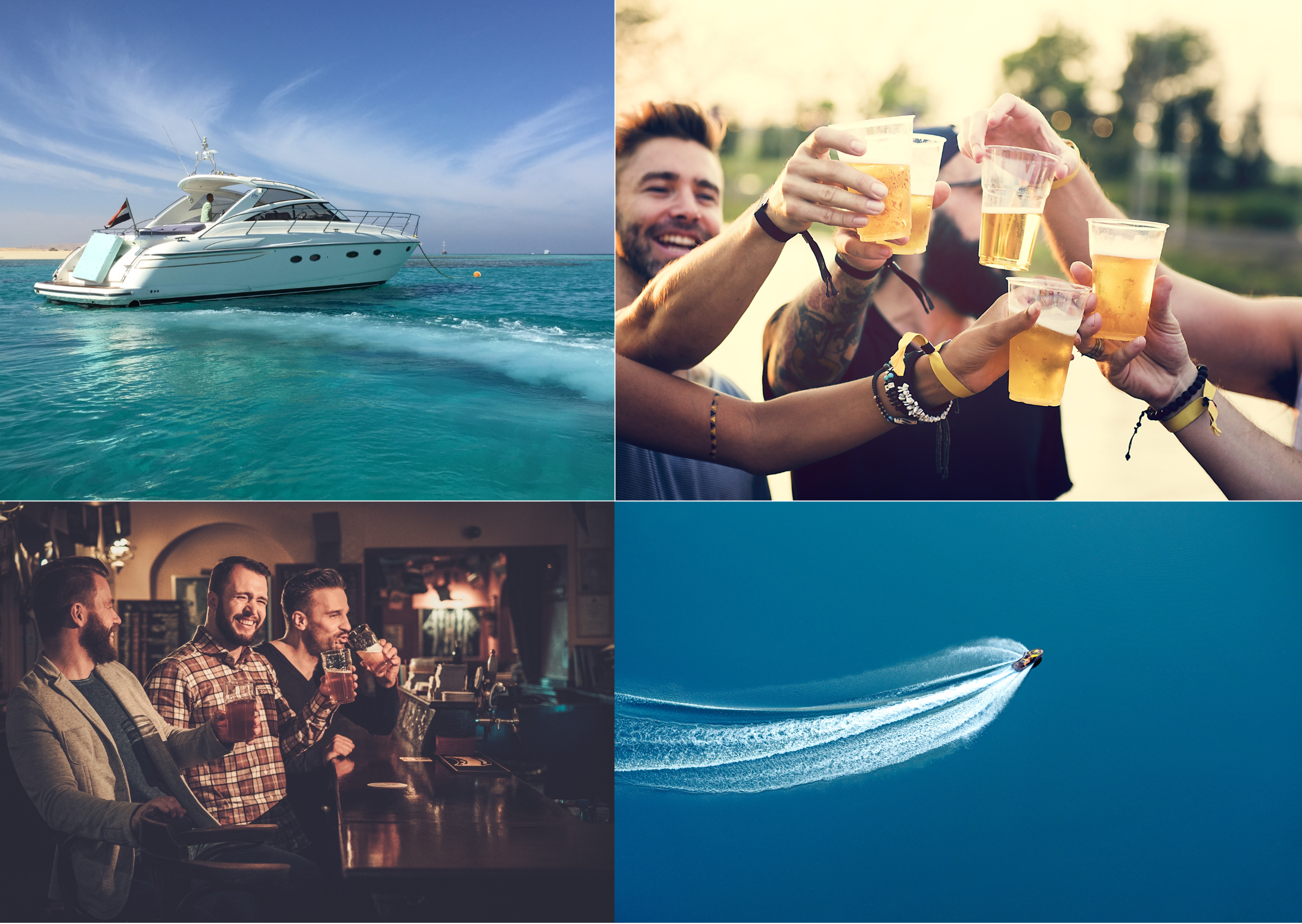 A four picture colalge with surf, boats, and mates drinking beers