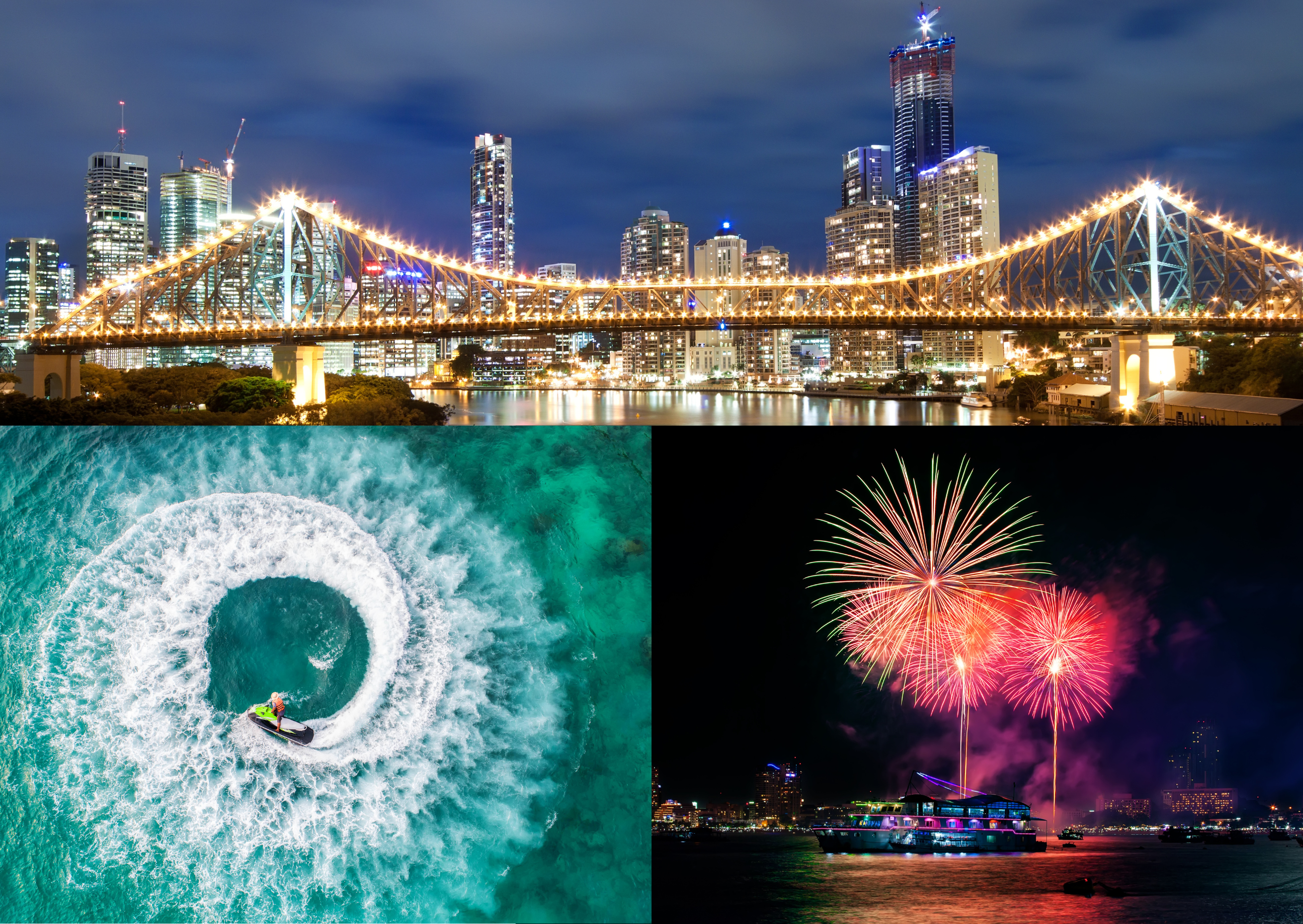 A triple collage of jetskis, fireworks, and Brisbane's iconic Story Bridge