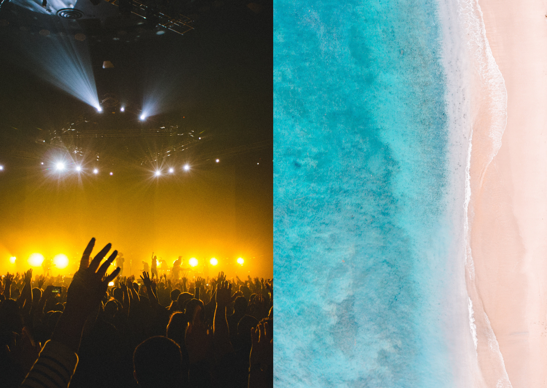On right hand side of image is a rock concert on the left hand side its a calm beach