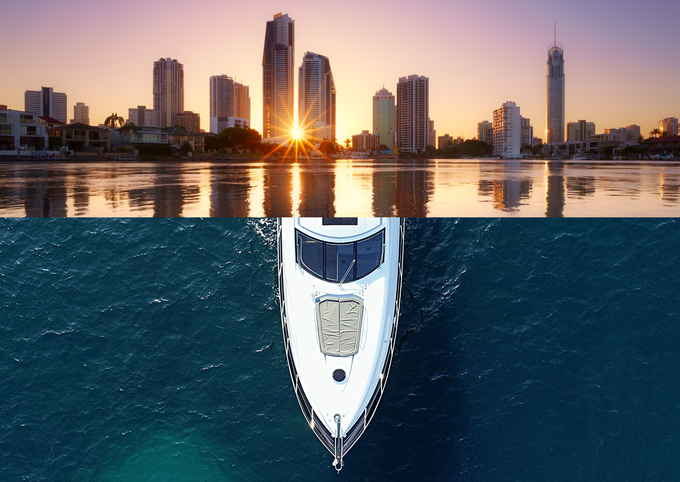 Brisbane city skyline over a yacht powering through deep blue water