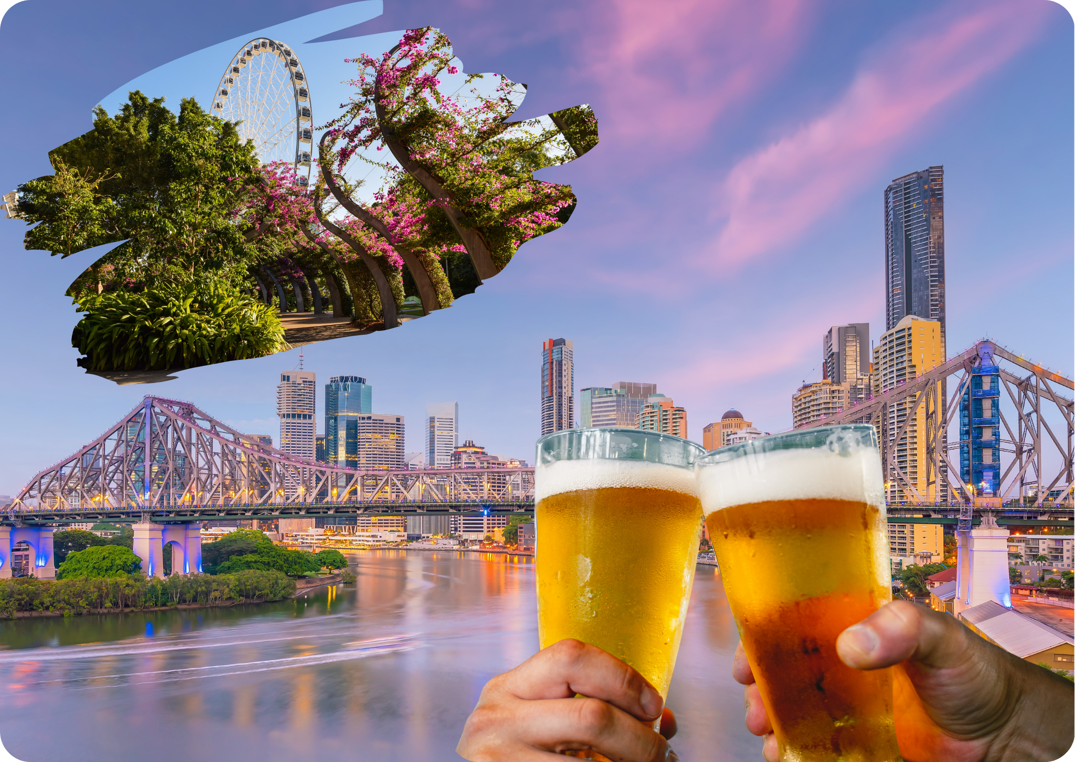 A background of the Story Bridge in Brisbane with two beers clinking and a Jacaranda lined walkway