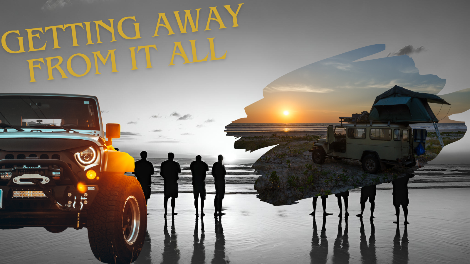 Two groups of friends standing on a black and white beach watching the sunset, fourwheel drives and camping equipment in the foreground. Title of "Getting away from it all"