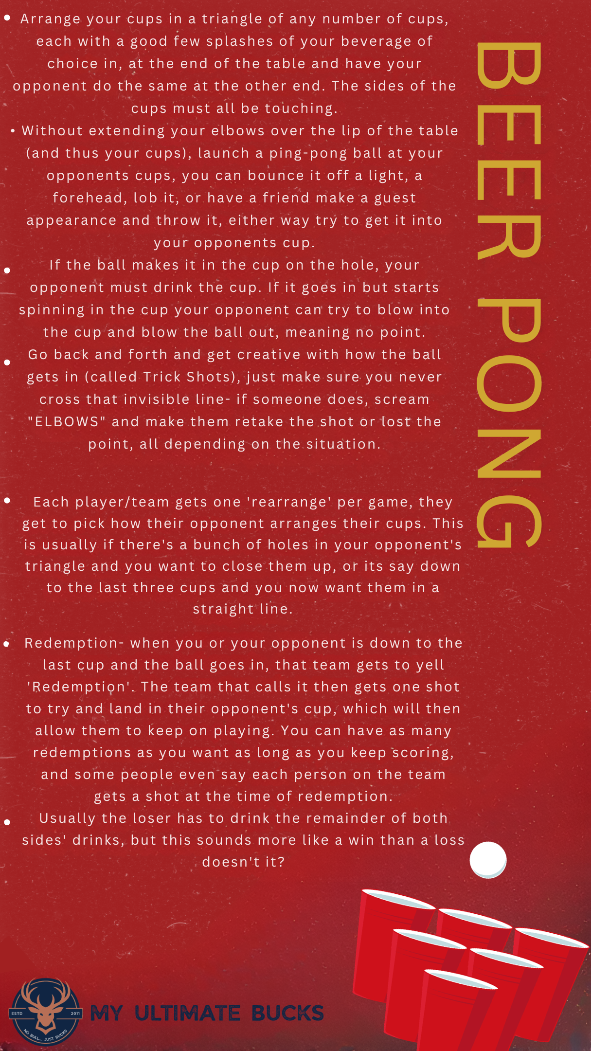 A comprehensive list of beer pong rules as according to MyUltimate, complete with a beer pong cup formation in the bottom right corner