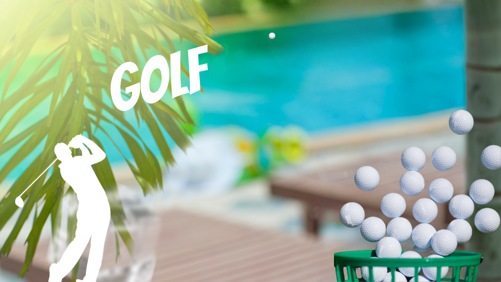 Palms with a white golfer silouette and a basket of golf balls