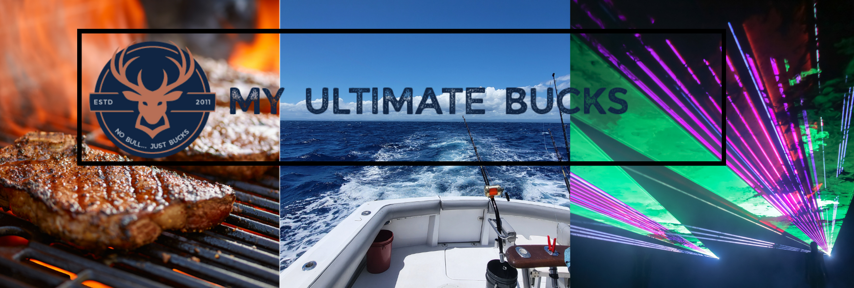 MyUltimate Bucks Logo on a background of a club, steak, and a pristine white boat