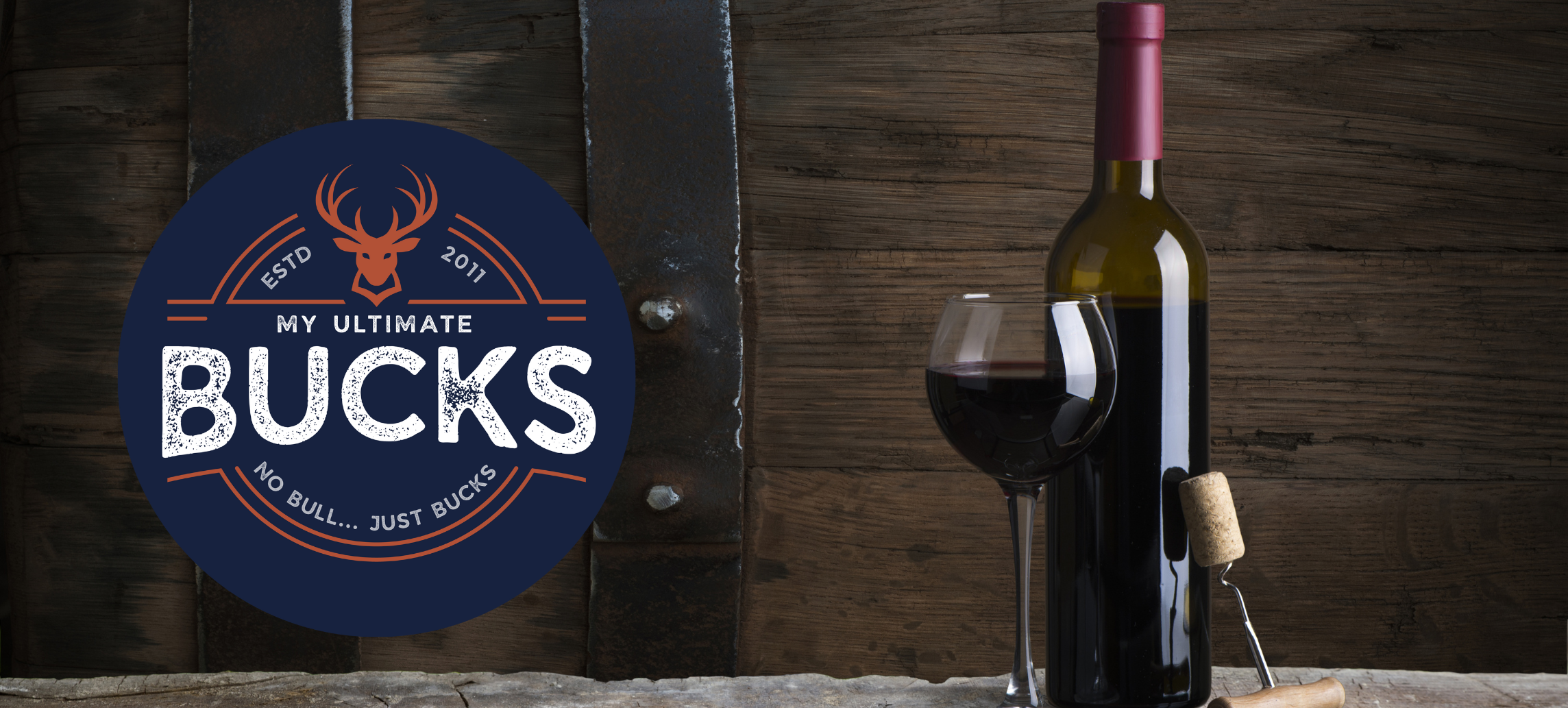 The MyUltimate Bucks Logo next to a bottle of wine and a corkscrew, with a background of a wine barrel