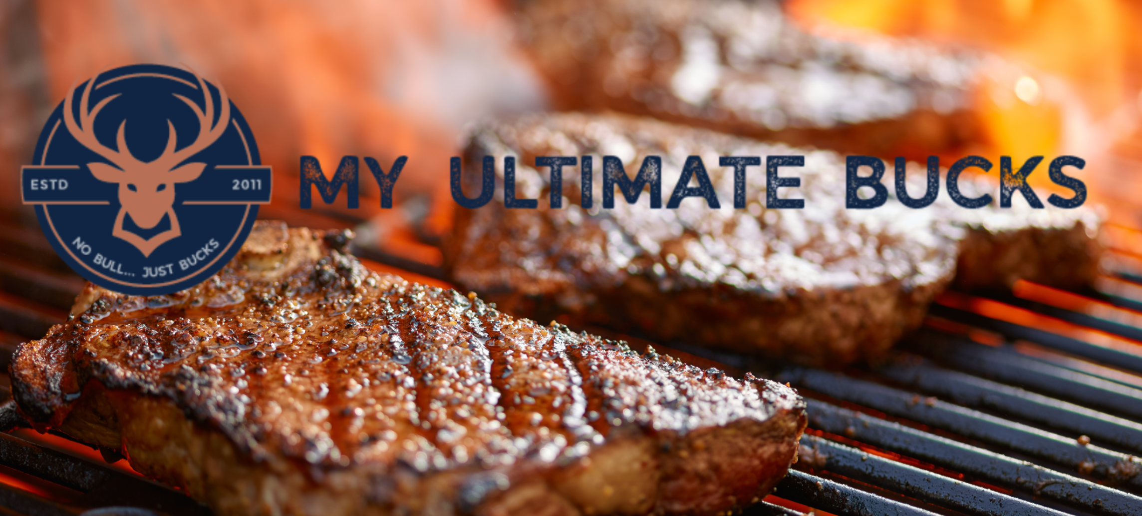 The MyUltimate Bucks logo over a delicious steak