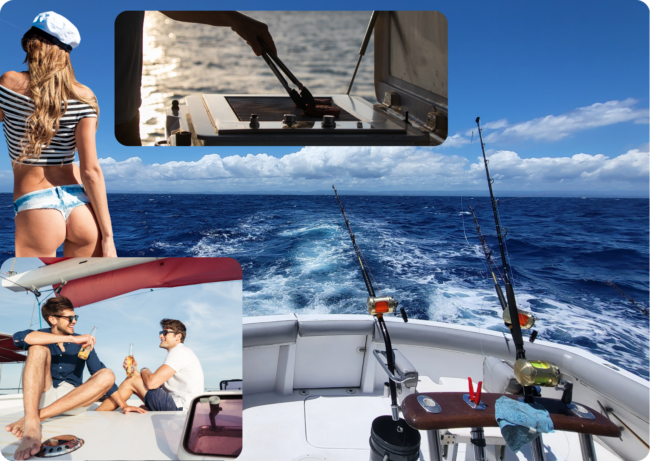 A boat and its wake with fishing rods, bikini bums, the lads drinking, and a BBQ