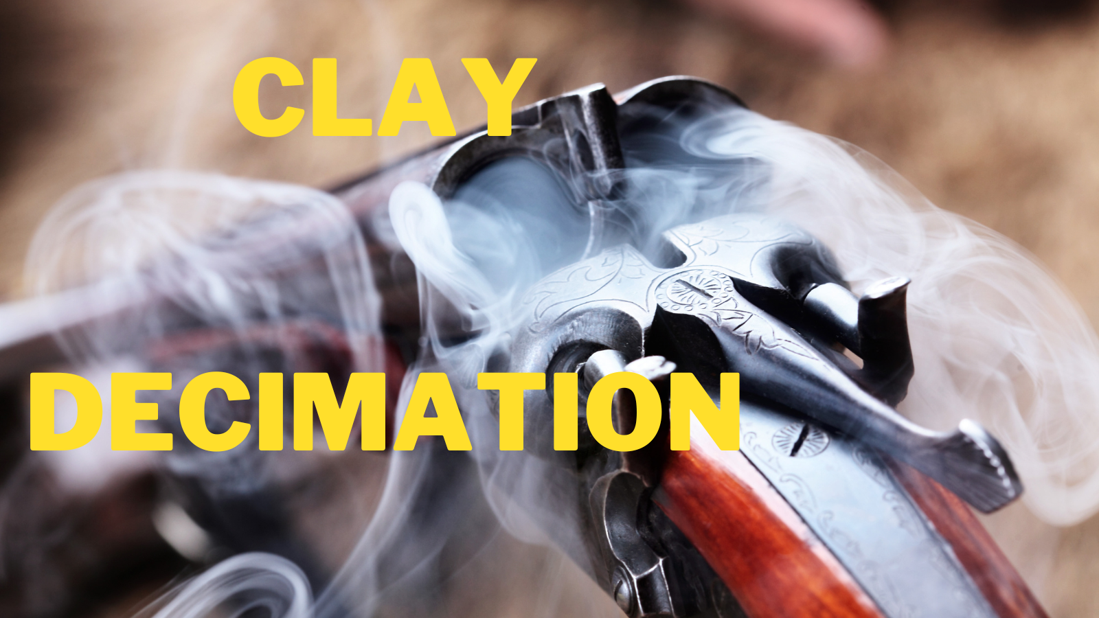 Smoking Double-Barreled Shotgun loading hatch with engraved accessories and title of "clay decimation"