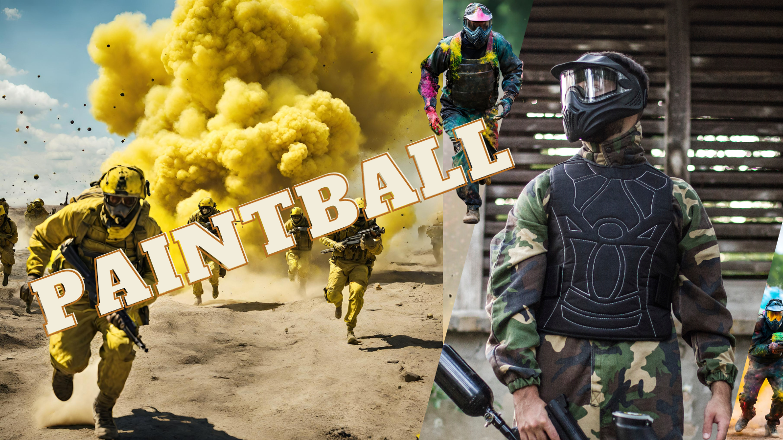 Colourful Paintball Explosions with squads of painballers running for cover. Heading of "Paintball"