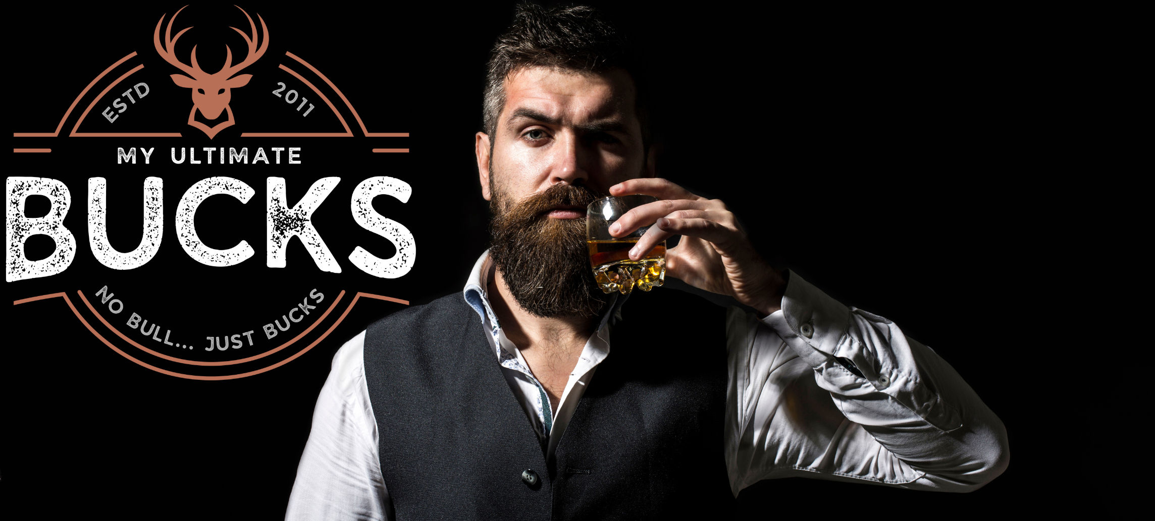 A dapper man with the MyUltimate Bucks logo over his shoulder