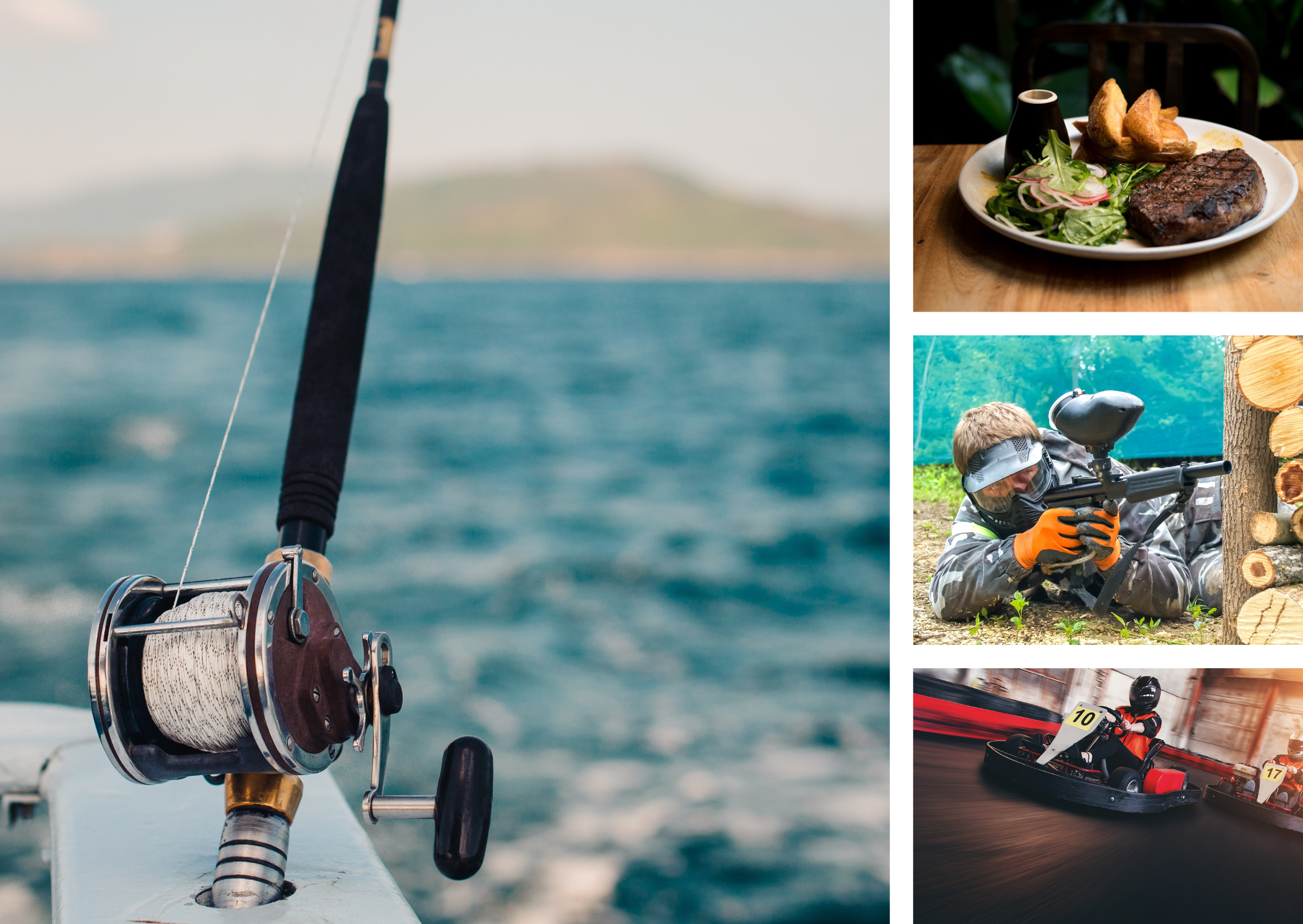 A four square template with fishing, paintball, steaks, and go-karts