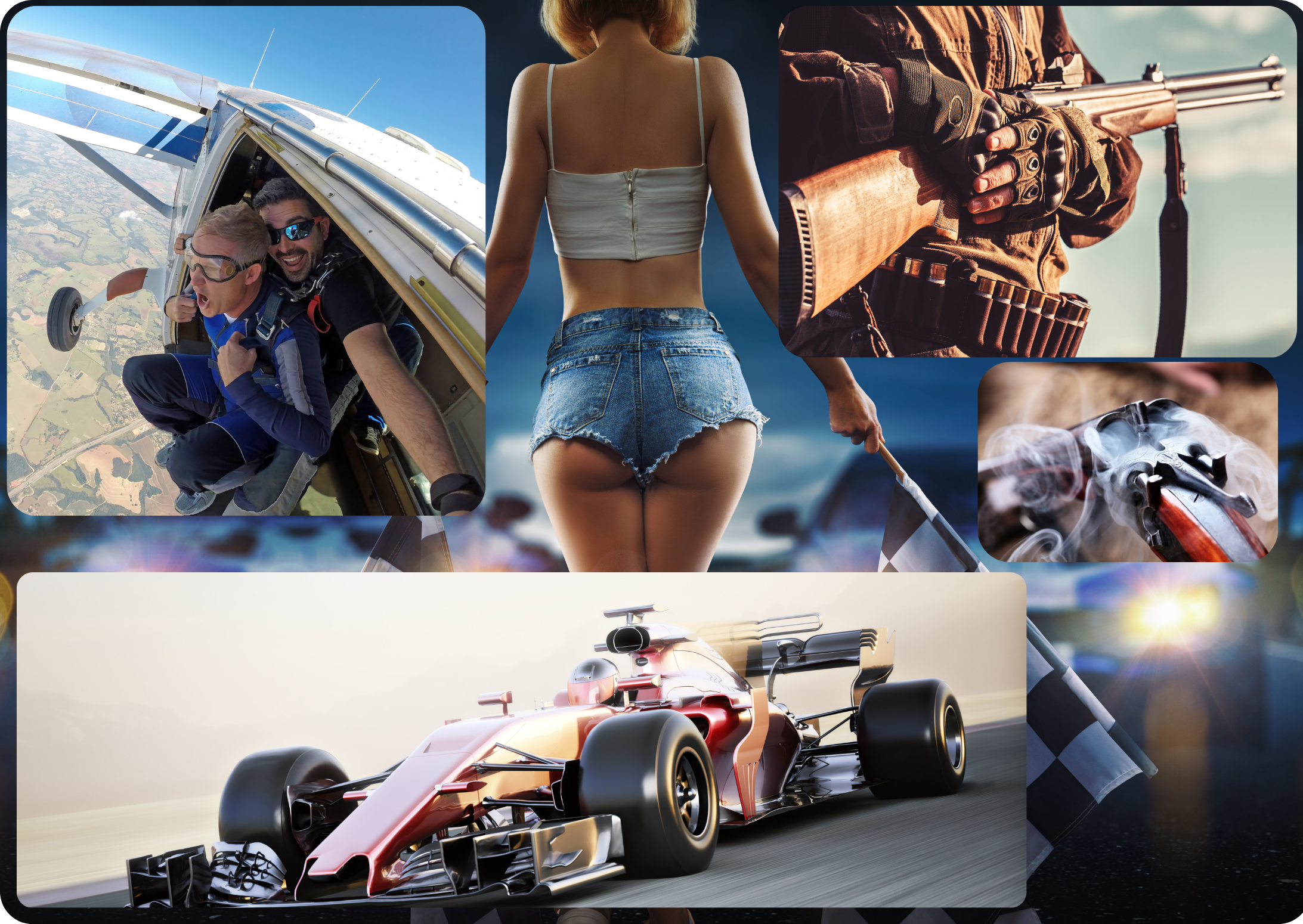A collage of a sexy lady starting a race with an F1 car, sky diving, and smoking shotguns