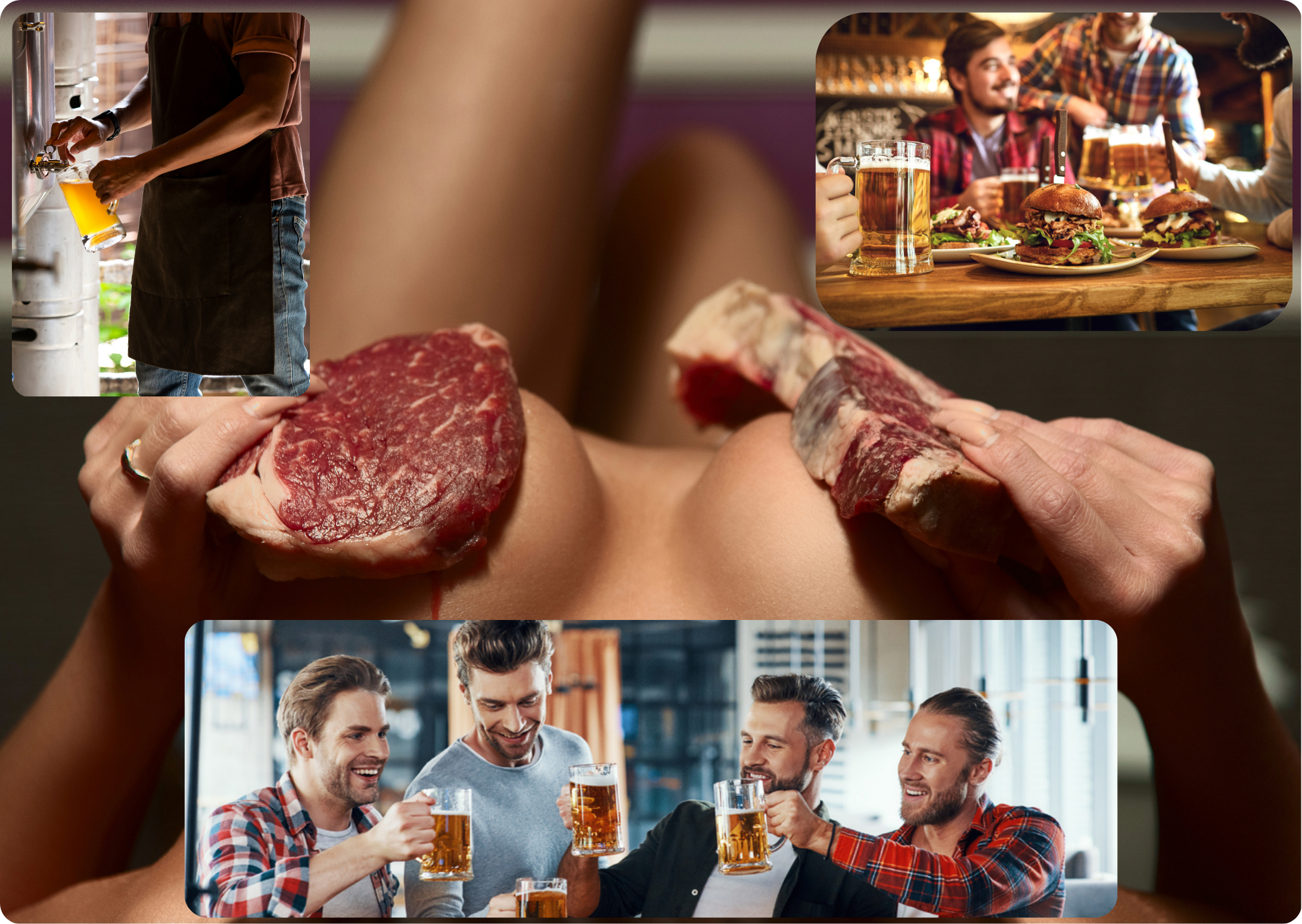 A lady lying down with two slabs of steak over her tits, overlaid with images of breweries, sliders, and friends