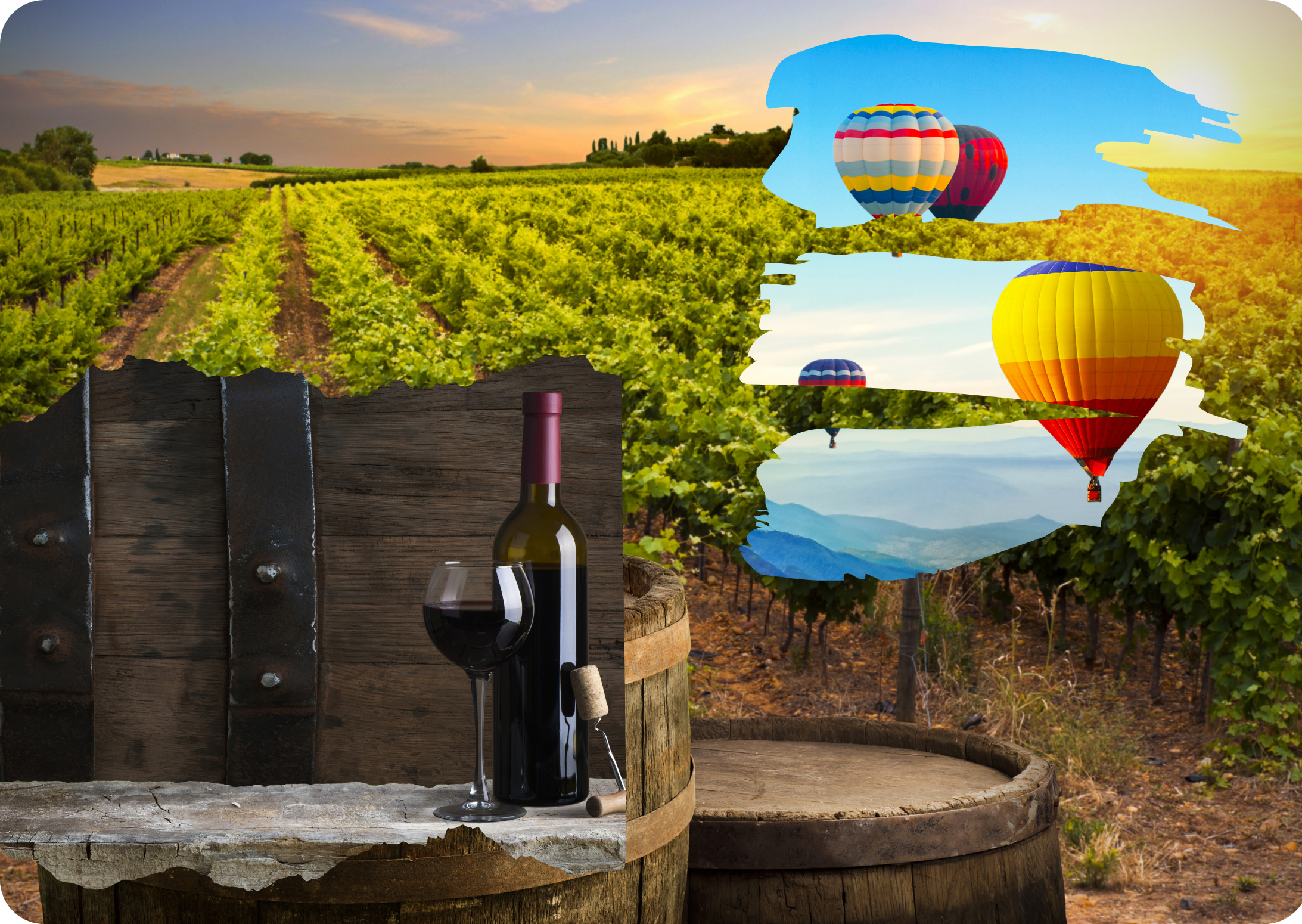 Colourful hot air Balloons over a vineyard, with wine barrels and bottles