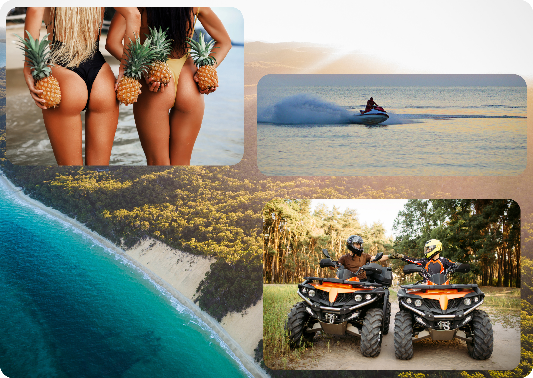 A scenic island backdrop with ATVing, sexy women, and jetskiing