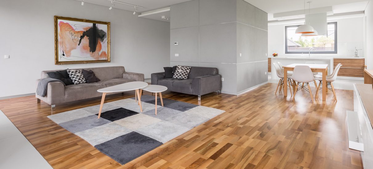 Open-plan apartment with two grey sofas, a patterned rug and a dining table by the kitchen