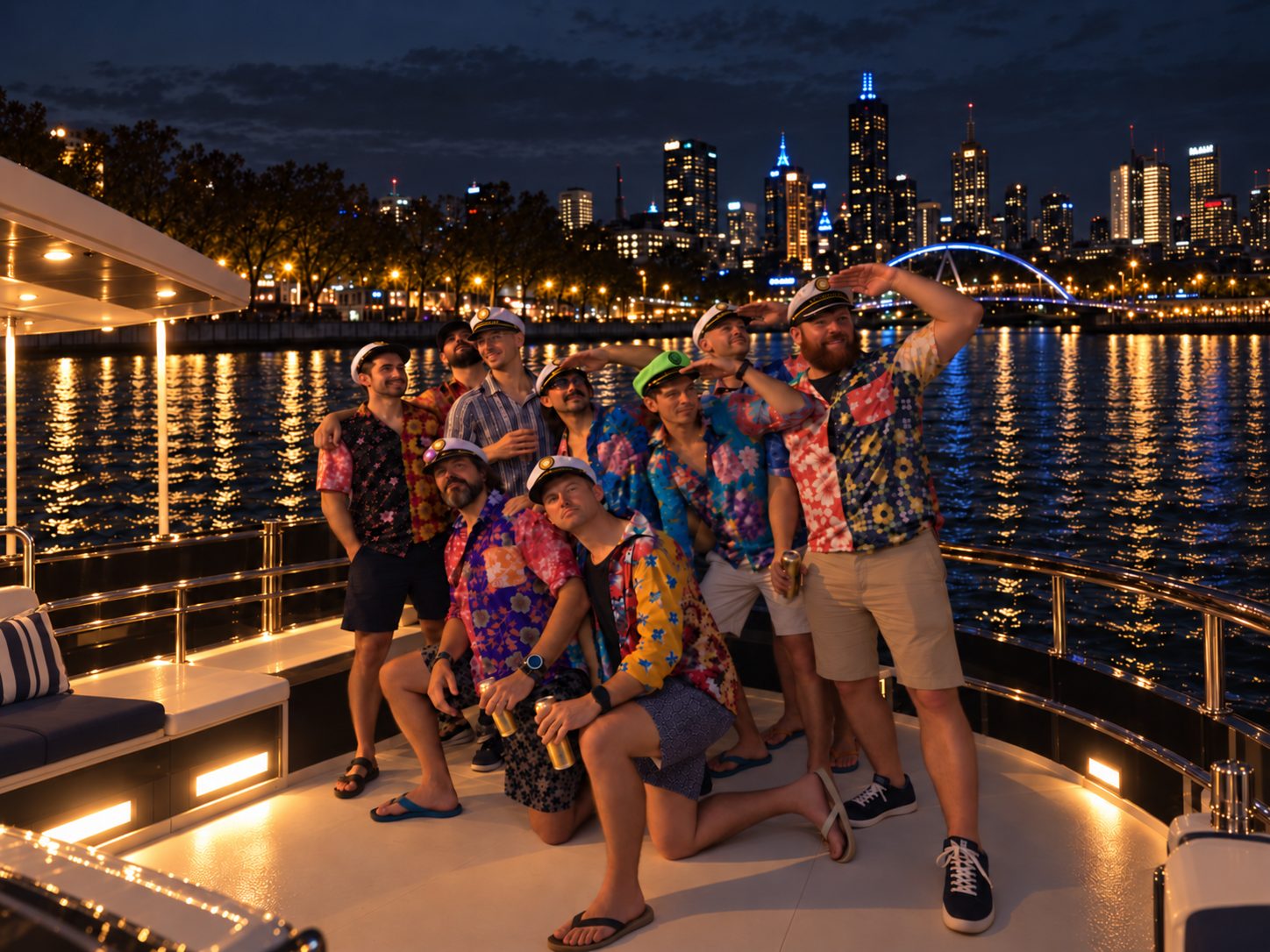 A bucks crew in matching shirts on a private boat with the city lit up behind them