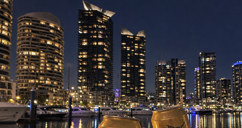 Docklands skyline and waterfront at night in Melbourne