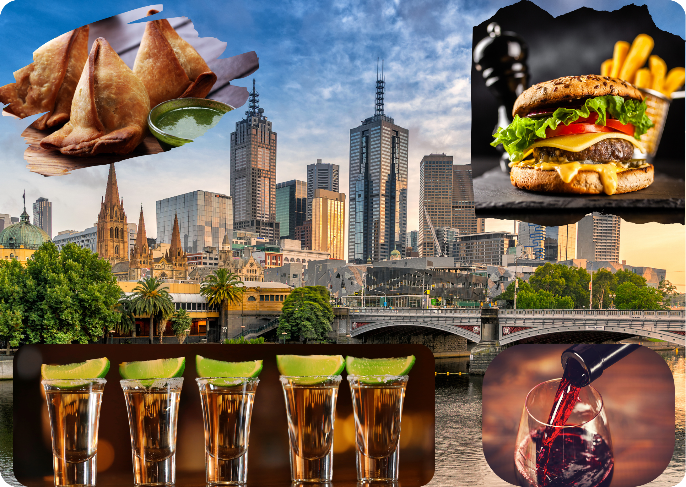 A skyline view of Melbourne overlaid with Samosas, wine, and tequila shots