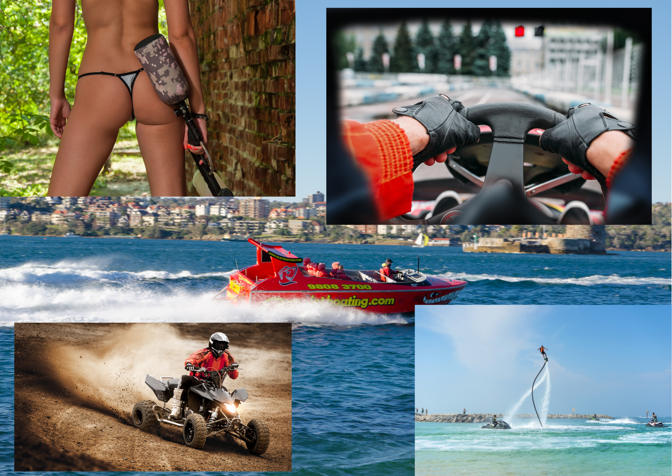 A collage of jetboating, flyboarding, paintball, go-karting, and ATV racing