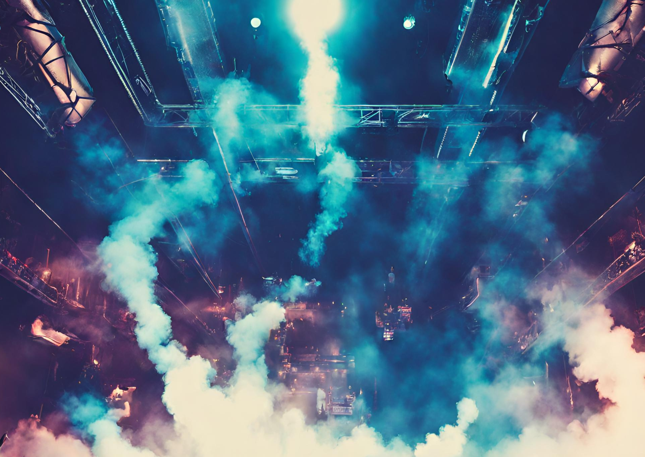 A smokey club with blue and purple lasers