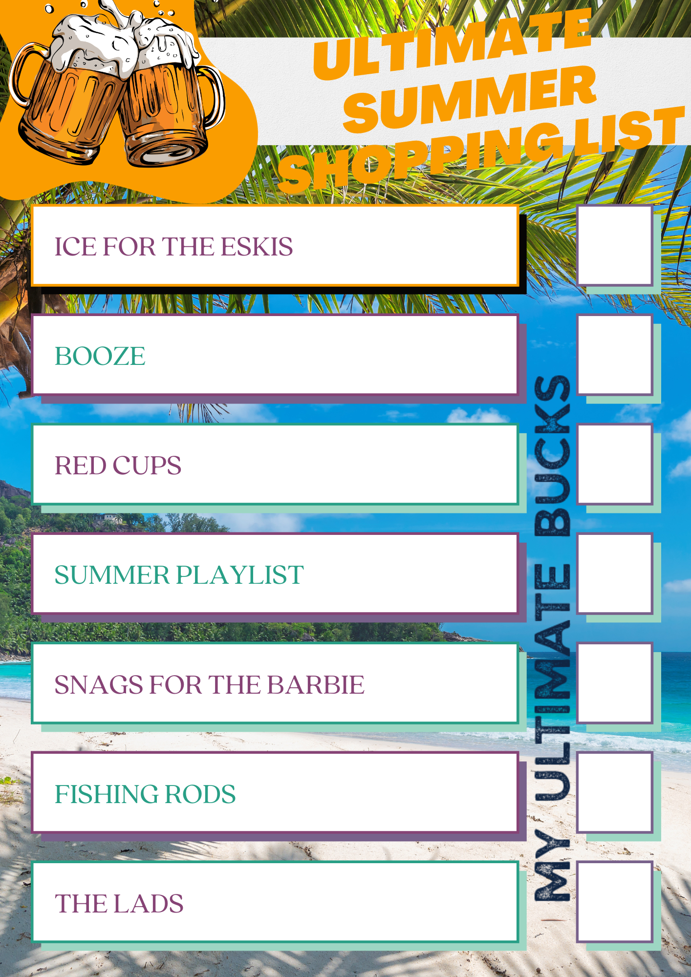 Ultimate summer hsopping list with items such as fishing rods, ice, alcohol, music, and food.