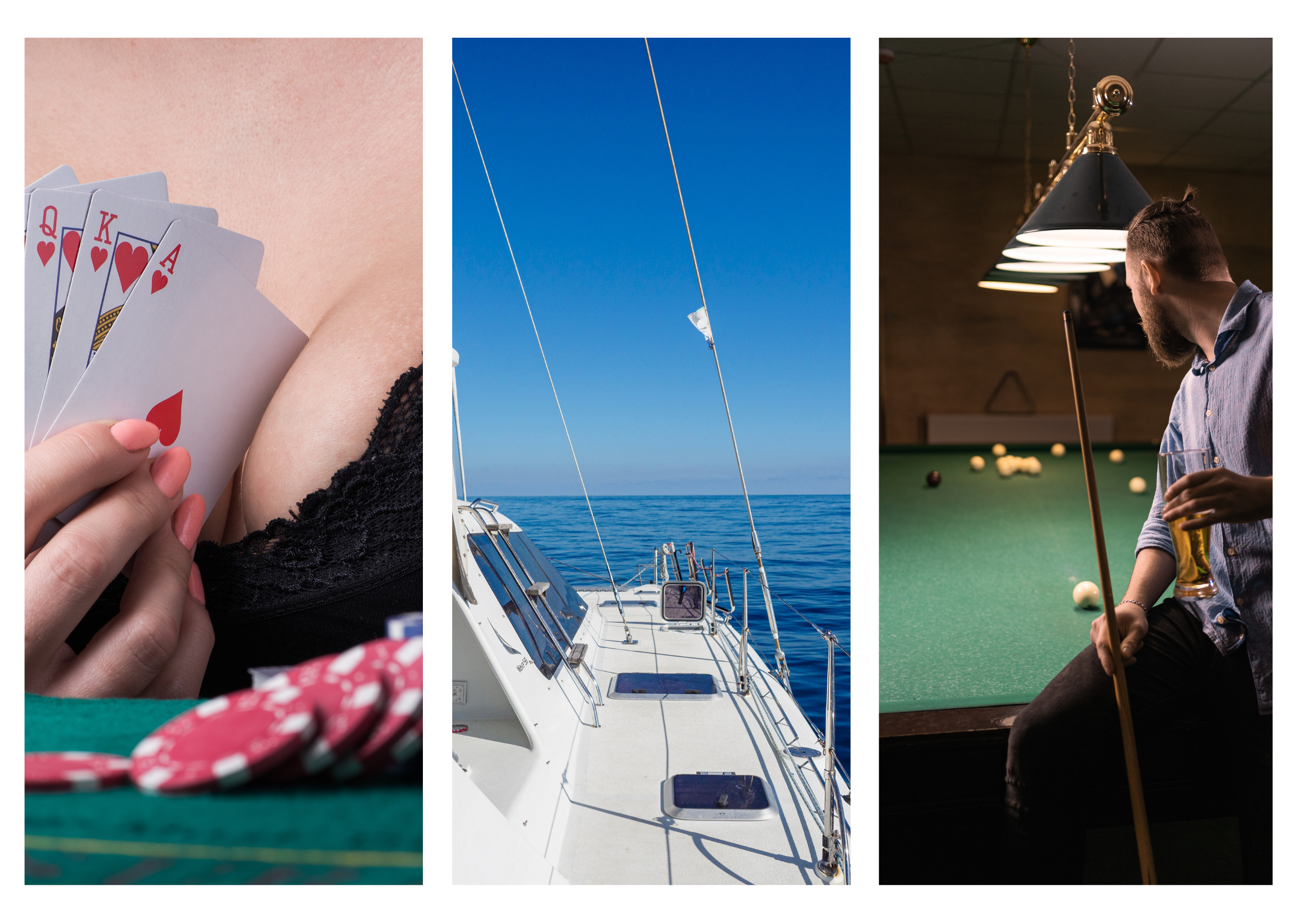 A three picture collage, a stripper playing poker, a boat on the ocean, a man playing pool