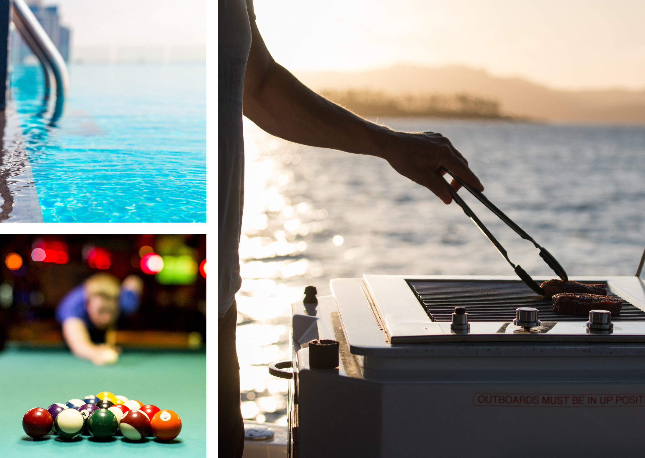 A triple collage of a BBQ, a game of pool, and a swimming pool