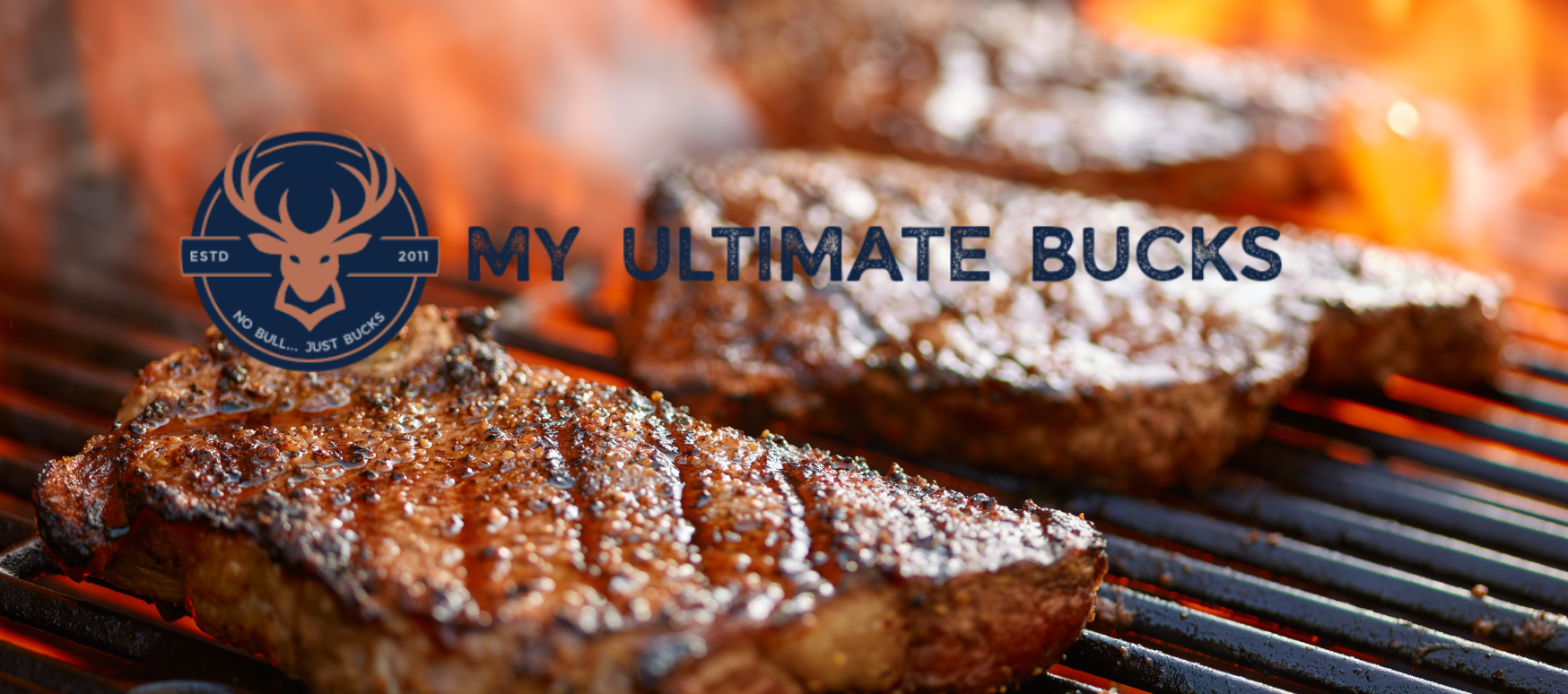 The MyUltimate Bucks logo against a background of perfect steak