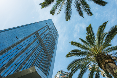 A glass tower and palm trees against a clear blue sky