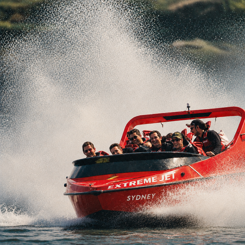 A red jet boat marked Sydney throwing spray, a crew of blokes on board