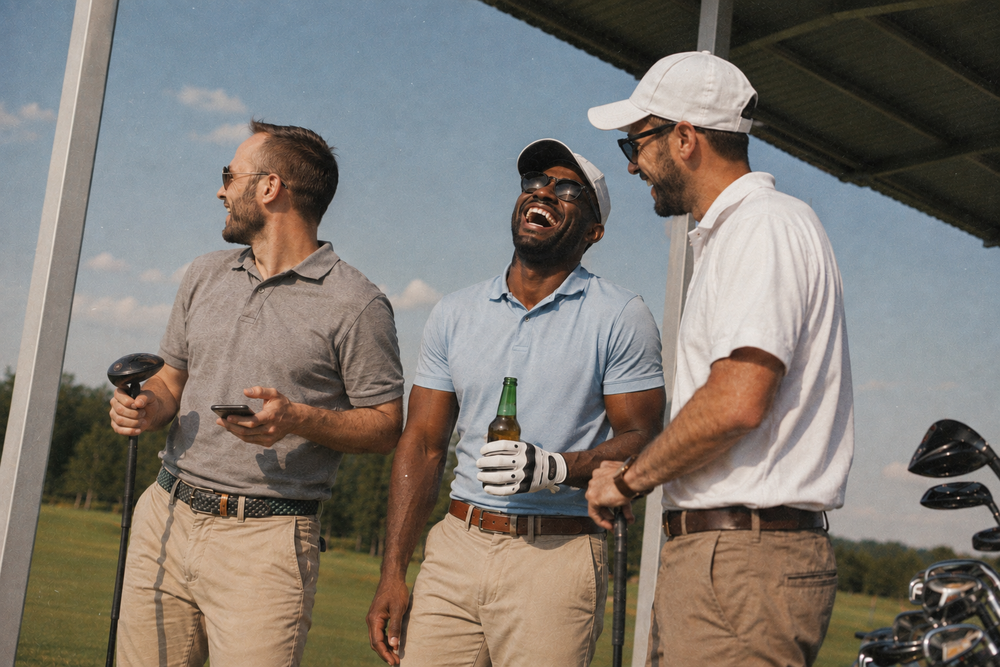 Three blokes laughing on a golf course, one with a beer in hand
