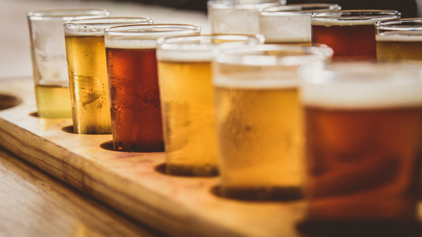 A tasting paddle of craft beers on a timber board