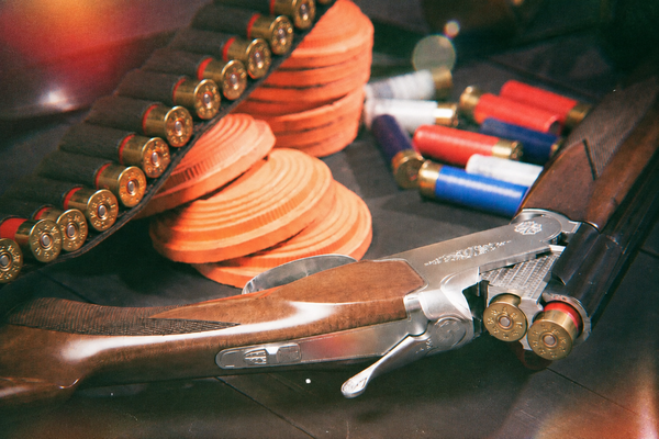 A shotgun, cartridges and orange clays laid out together