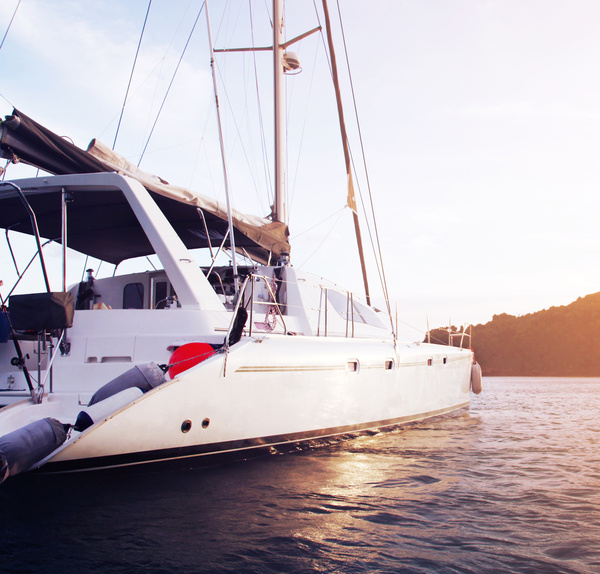 A white catamaran on calm water