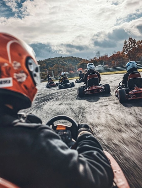 A helmeted driver chasing a pack of go-karts round the track